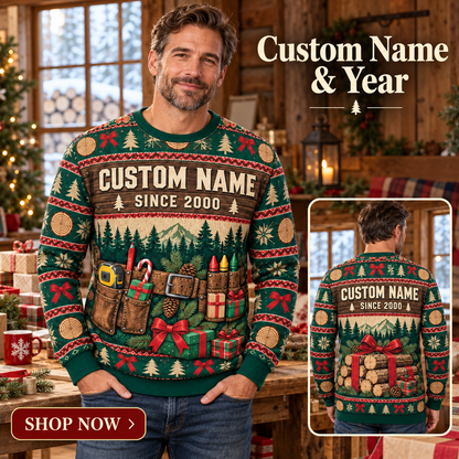 Personalized Logger Timber Crew Holiday Toolbelt Illusion All-Over Print Crewneck Sweater: advertising lifestyle mockup