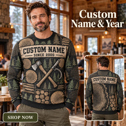 Personalized Logger End-Grain Geometry All-Over Print Crewneck Sweater: advertising lifestyle mockup