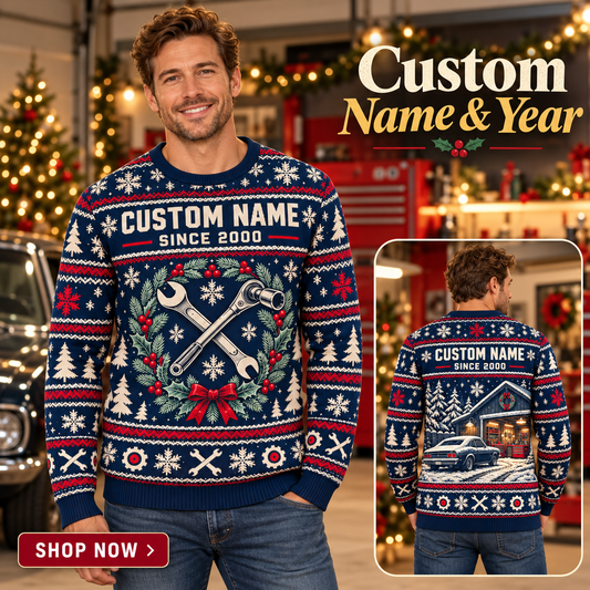 Personalized Mechanic Garage Holiday Torque All-Over Print Crewneck Sweater: advertising lifestyle mockup