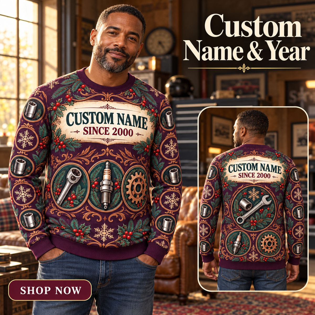 Personalized Mechanic Garage Crew Holiday Medallions All-Over Print Crewneck Sweater: advertising lifestyle mockup