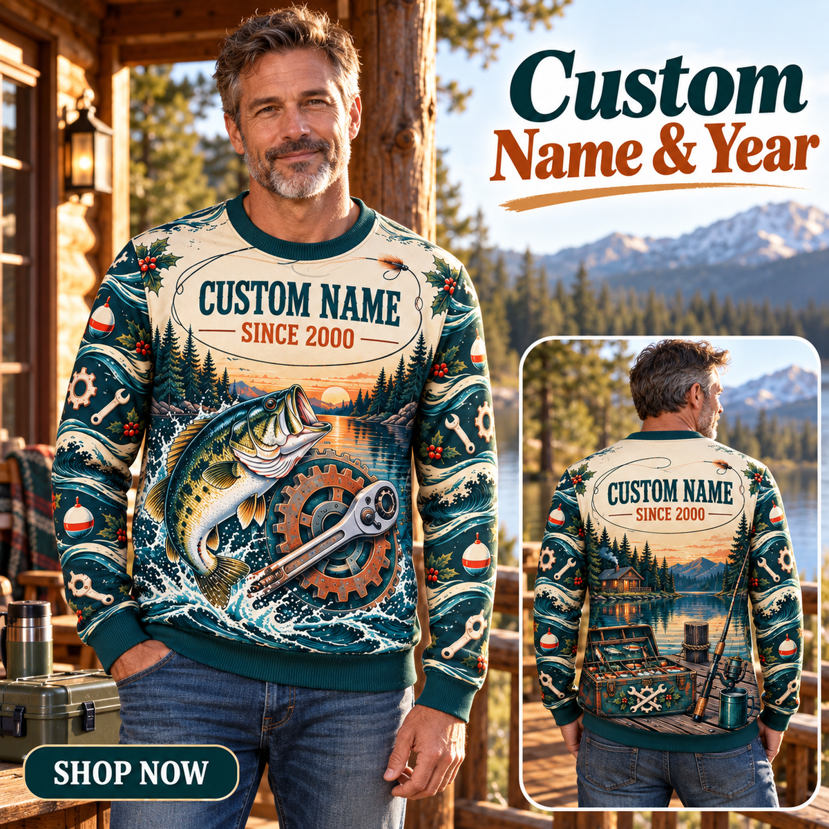 Personalized Mechanic Gone Fishing Christmas All-Over Print Crewneck Sweater: advertising lifestyle mockup