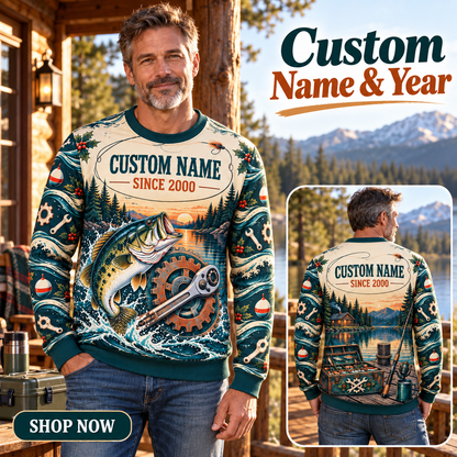 Personalized Mechanic Gone Fishing Christmas All-Over Print Crewneck Sweater: advertising lifestyle mockup