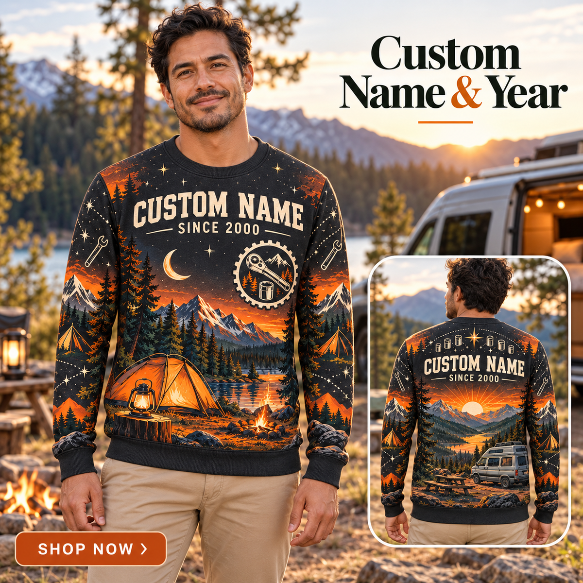 Personalized Mechanic Garage-to-Camp Weekend All-Over Print Crewneck Sweater: advertising lifestyle mockup