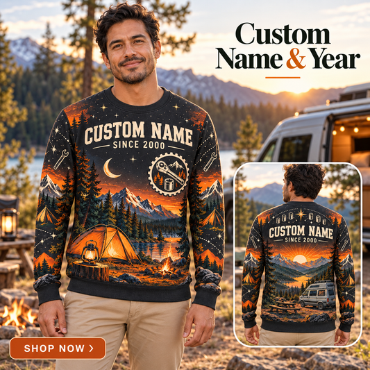 Personalized Mechanic Garage-to-Camp Weekend All-Over Print Crewneck Sweater: advertising lifestyle mockup