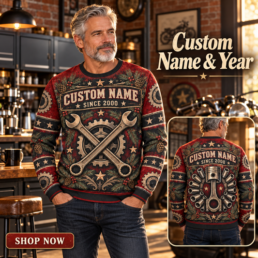 Personalized Mechanic Workshop Heritage Holiday All-Over Print Crewneck Sweater: advertising lifestyle mockup