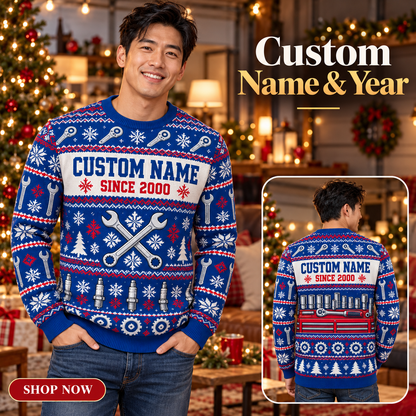 Personalized Mechanic Printed Fair Isle Christmas All-Over Print Crewneck Sweater: advertising lifestyle mockup
