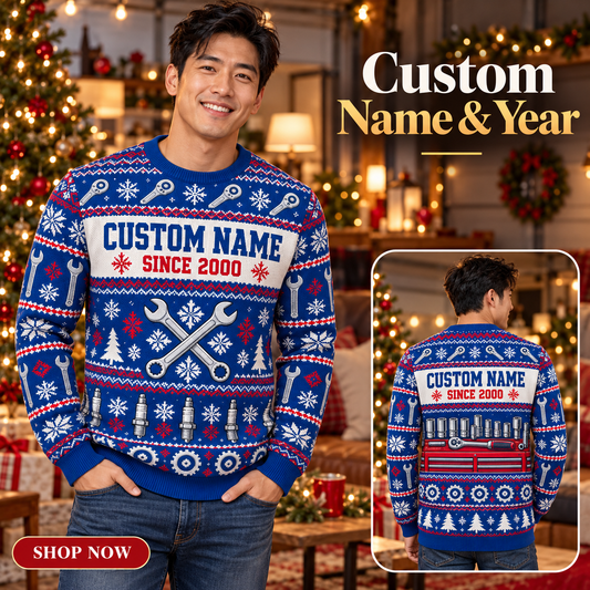 Personalized Mechanic Printed Fair Isle Christmas All-Over Print Crewneck Sweater: advertising lifestyle mockup