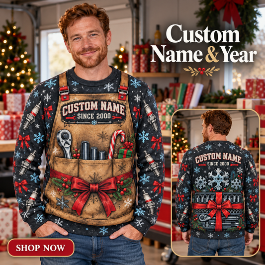 Personalized Mechanic Holiday Workshop Apron Illusion All-Over Print Crewneck Sweater: advertising lifestyle mockup