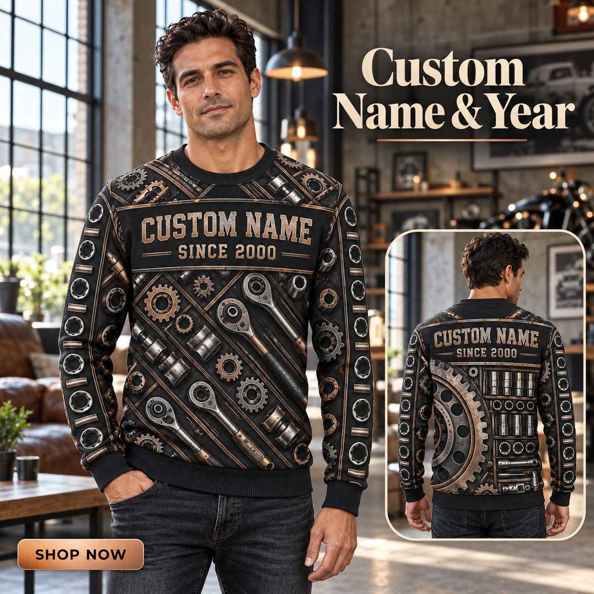 Personalized Mechanic Torque Geometry All-Over Print Crewneck Sweater: advertising lifestyle mockup