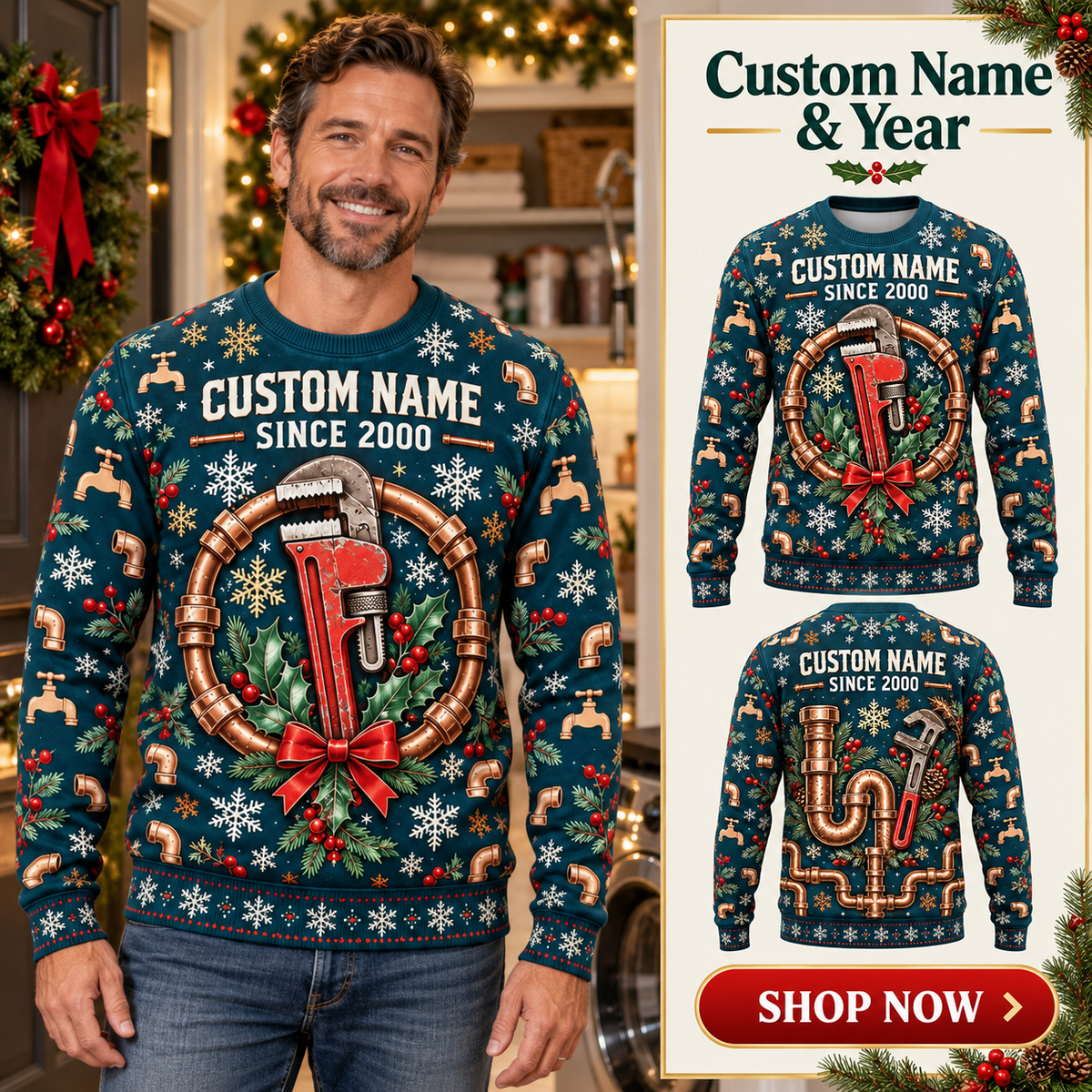 Personalized Plumber Holiday Pipeworks Hero All-Over Print Crewneck Sweater: advertising lifestyle mockup