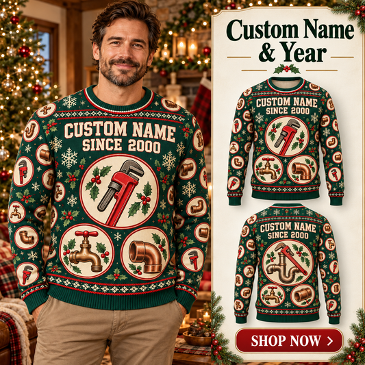 Personalized Plumber Pipe Crew Holiday Medallions All-Over Print Crewneck Sweater: advertising lifestyle mockup