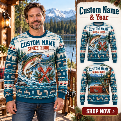 Personalized Plumber Gone Fishing Christmas All-Over Print Crewneck Sweater: advertising lifestyle mockup