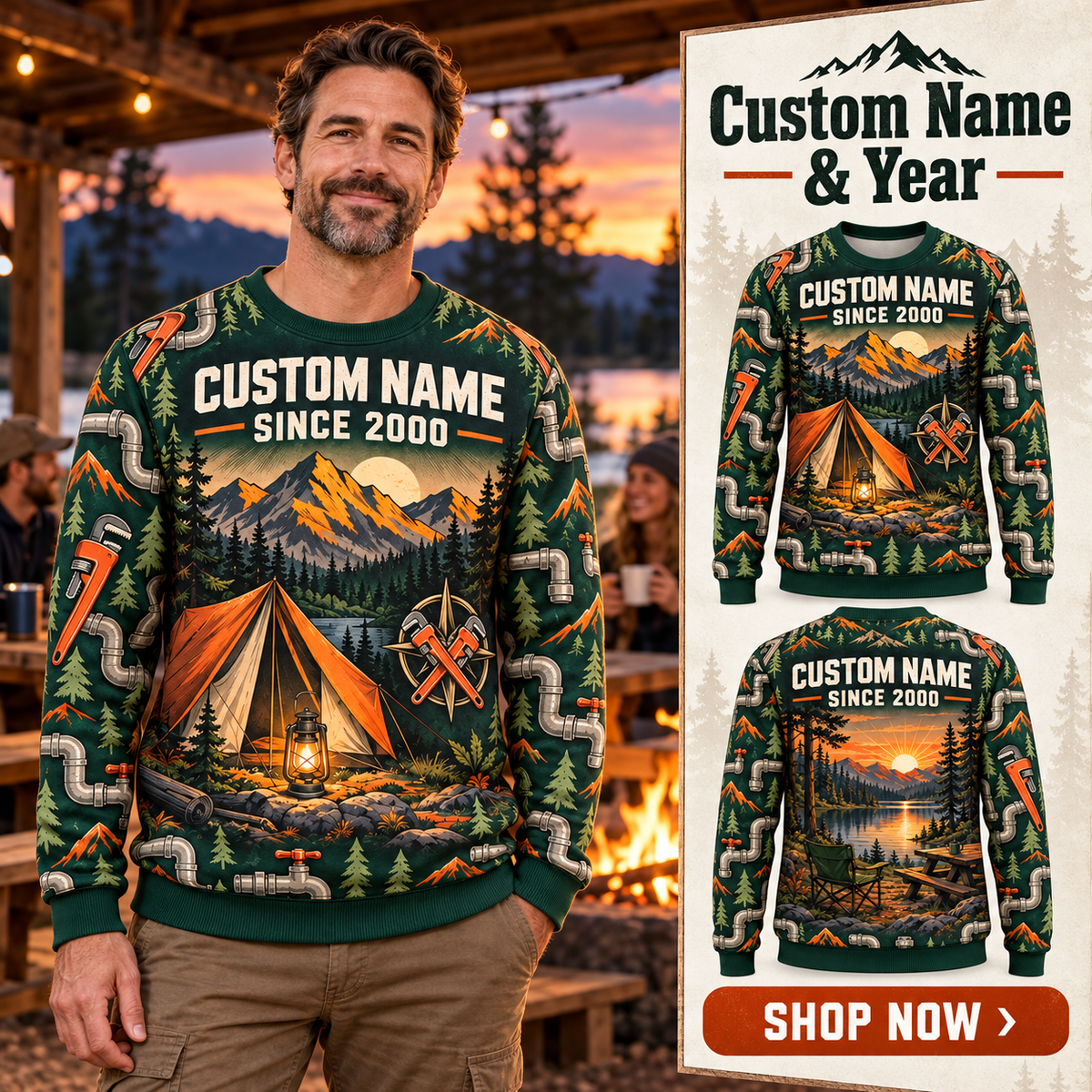 Personalized Plumber Pipeworks Camp Weekend All-Over Print Crewneck Sweater: advertising lifestyle mockup