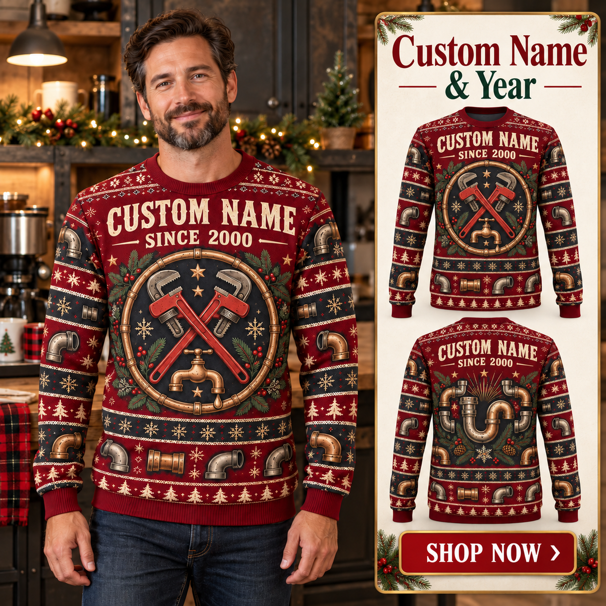 Personalized Plumber Pipeworks Heritage Holiday All-Over Print Crewneck Sweater: advertising lifestyle mockup
