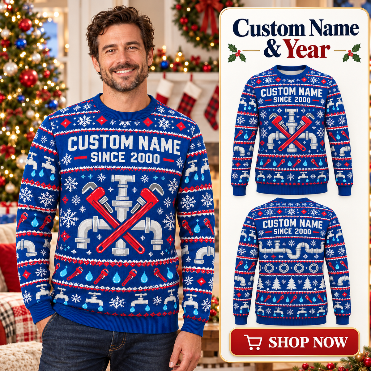 Personalized Plumber Printed Fair Isle Christmas All-Over Print Crewneck Sweater: advertising lifestyle mockup