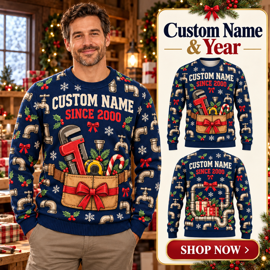 Personalized Plumber Holiday Pipe Kit Illusion All-Over Print Crewneck Sweater: advertising lifestyle mockup