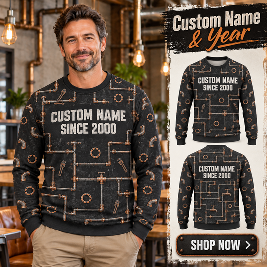 Personalized Plumber Pipe Geometry All-Over Print Crewneck Sweater: advertising lifestyle mockup