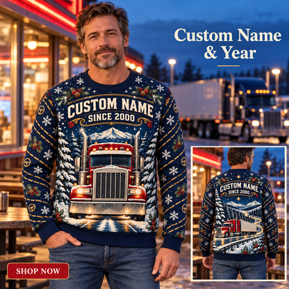 Personalized Trucker Midnight Holiday Haul All-Over Print Crewneck Sweater: advertising lifestyle mockup