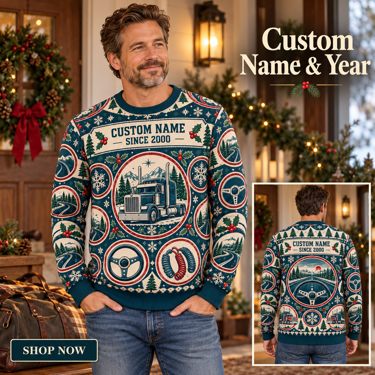 Personalized Trucker Road Crew Holiday Medallions All-Over Print Crewneck Sweater: advertising lifestyle mockup