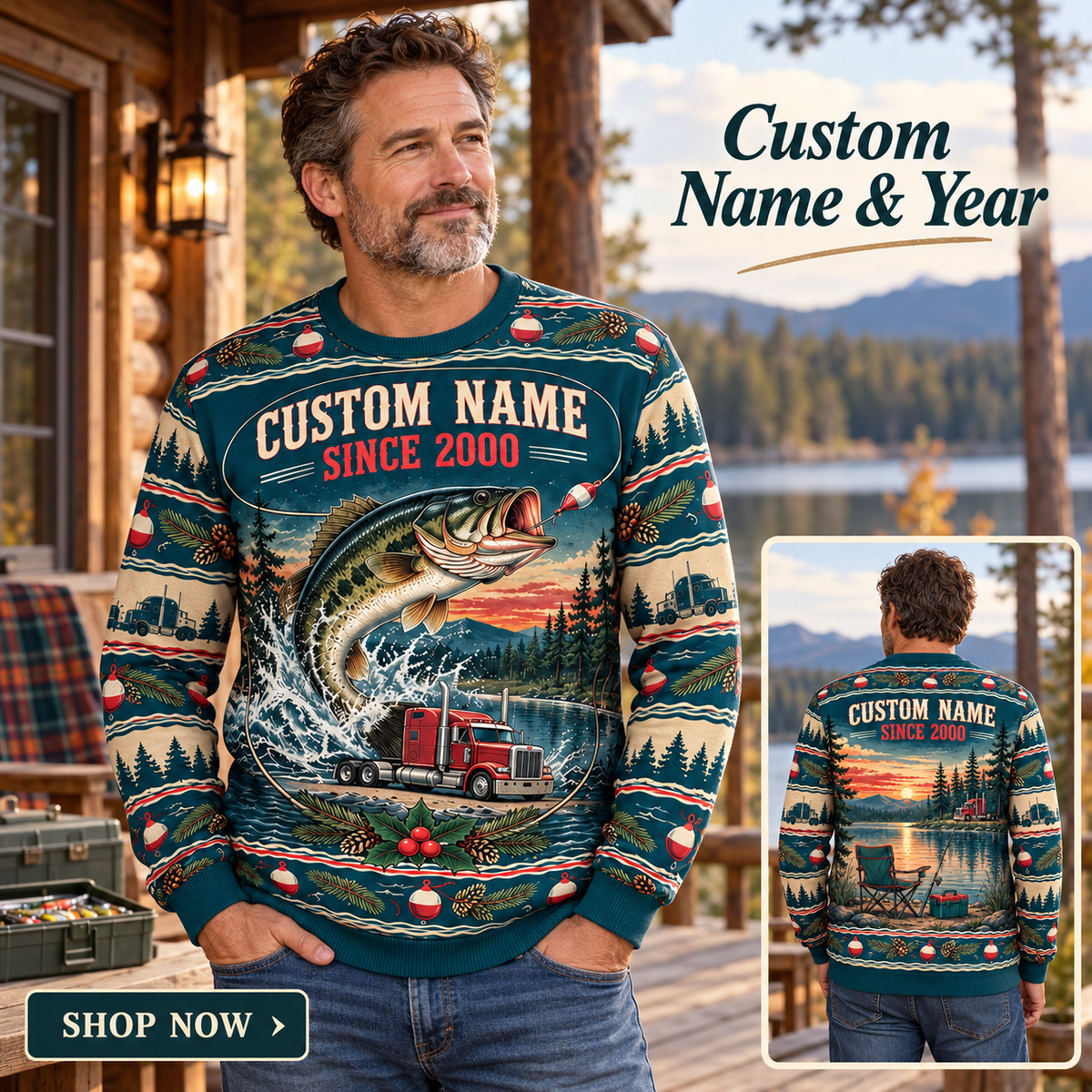 Personalized Trucker Gone Fishing Christmas All-Over Print Crewneck Sweater: advertising lifestyle mockup