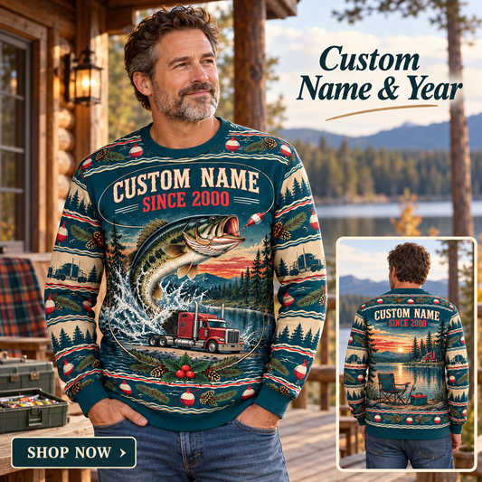 Personalized Trucker Gone Fishing Christmas All-Over Print Crewneck Sweater: advertising lifestyle mockup
