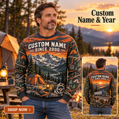 Personalized Trucker Highway Camp Weekend All-Over Print Crewneck Sweater: advertising lifestyle mockup