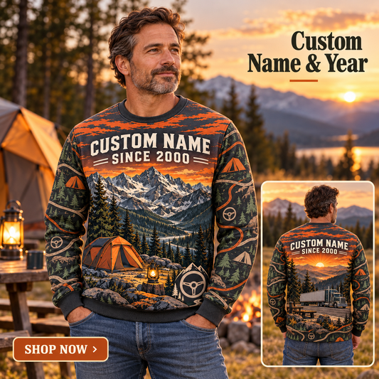 Personalized Trucker Highway Camp Weekend All-Over Print Crewneck Sweater: advertising lifestyle mockup