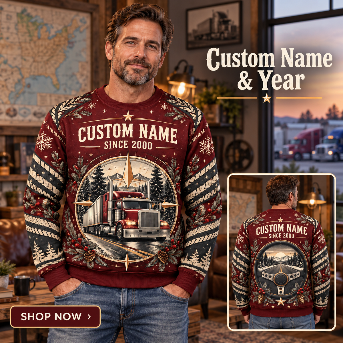 Personalized Trucker Open Road Heritage Holiday All-Over Print Crewneck Sweater: advertising lifestyle mockup