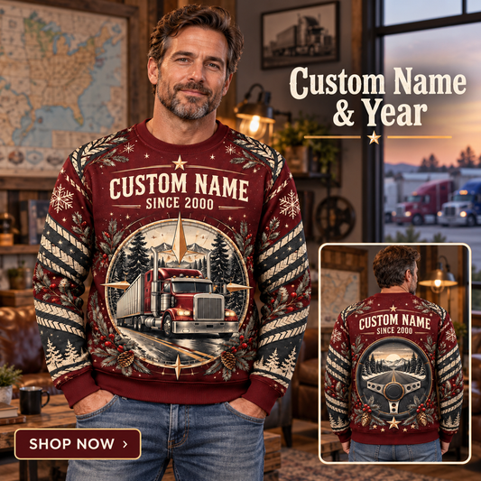 Personalized Trucker Open Road Heritage Holiday All-Over Print Crewneck Sweater: advertising lifestyle mockup