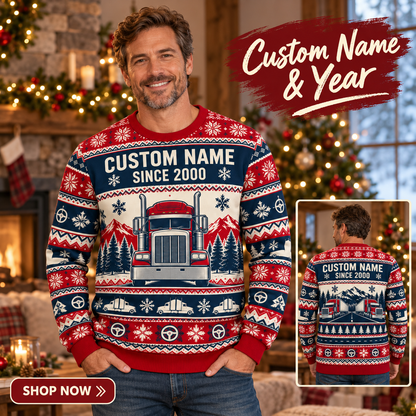 Personalized Trucker Printed Fair Isle Christmas All-Over Print Crewneck Sweater: advertising lifestyle mockup