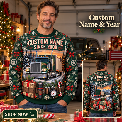 Personalized Trucker Holiday Road Kit Illusion All-Over Print Crewneck Sweater: advertising lifestyle mockup