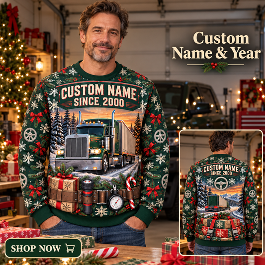 Personalized Trucker Holiday Road Kit Illusion All-Over Print Crewneck Sweater: advertising lifestyle mockup