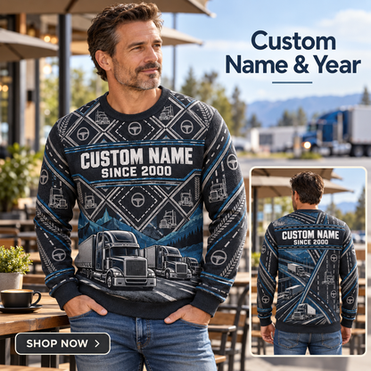 Personalized Trucker Route Geometry All-Over Print Crewneck Sweater: advertising lifestyle mockup
