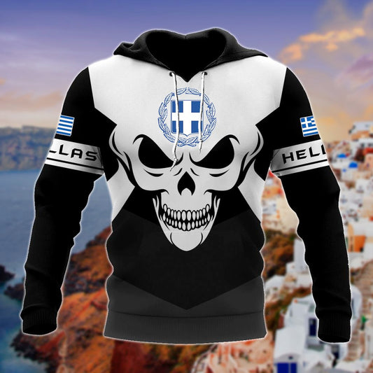 Greece Coat Of Arms Skull - Black And White Unisex Adult Hoodies