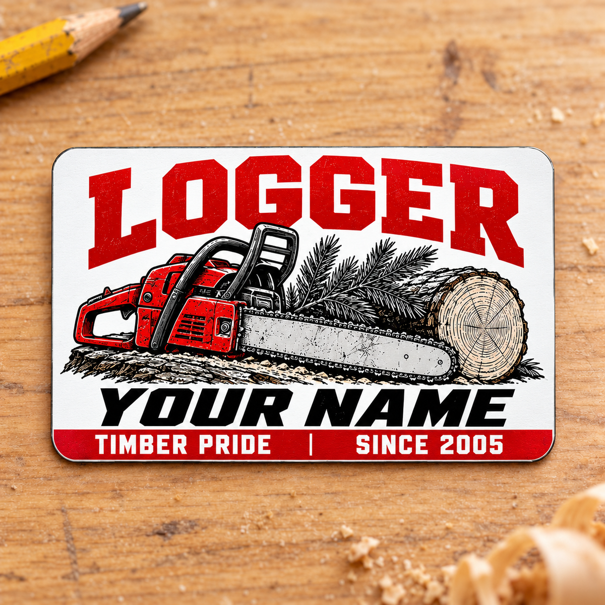 Logger Signature Modern aluminum wallet card on pale oak.