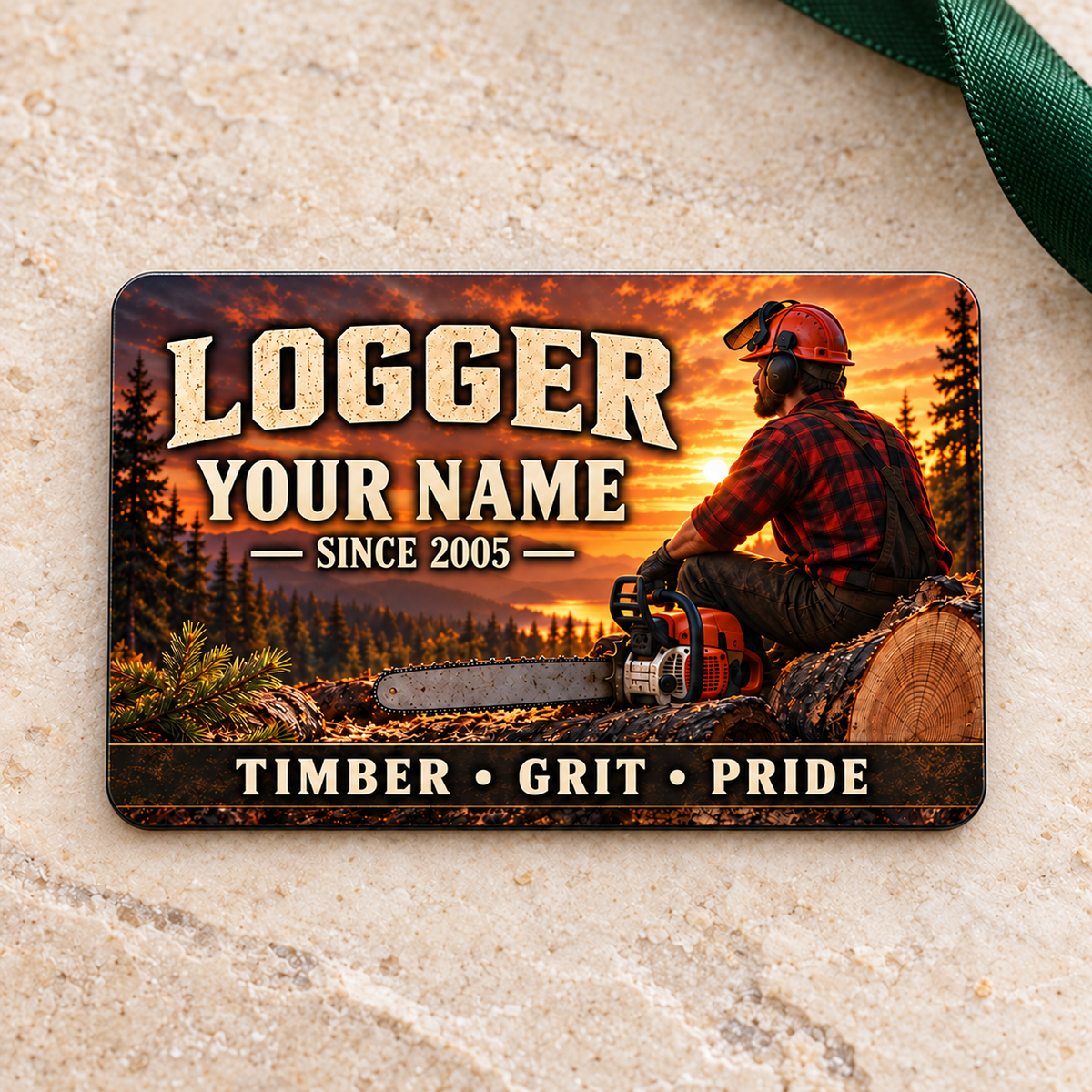 Logger Sunset Workday aluminum wallet card on pale beige stone.