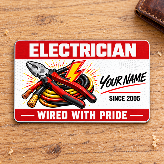 Electrician Red Header aluminum wallet card on pale oak