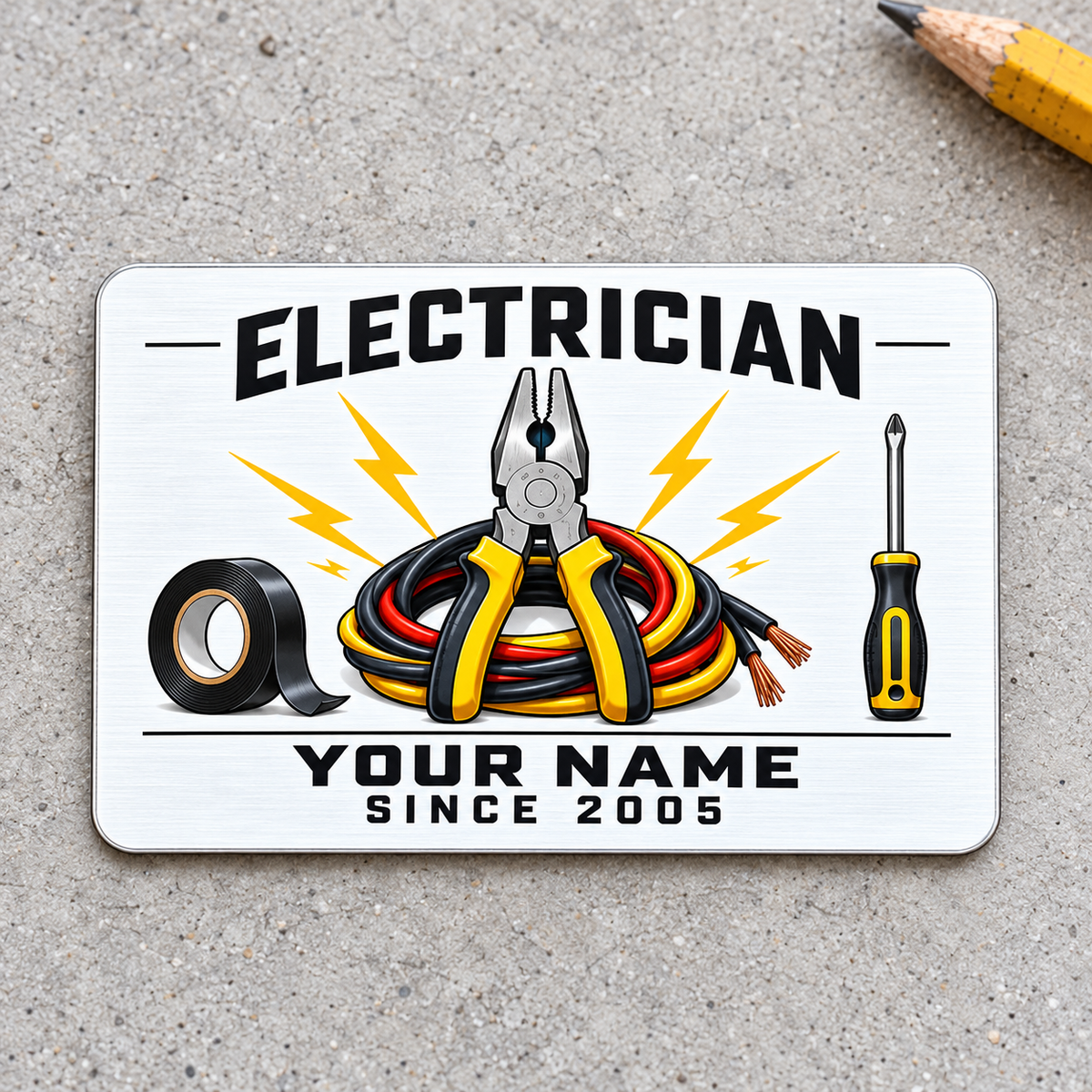 Electrician Minimal Tool Grid aluminum wallet card on pale concrete