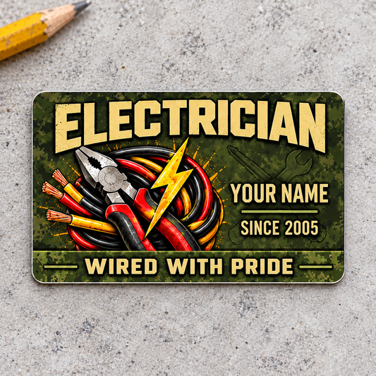 Electrician Rugged Field aluminum wallet card on pale concrete