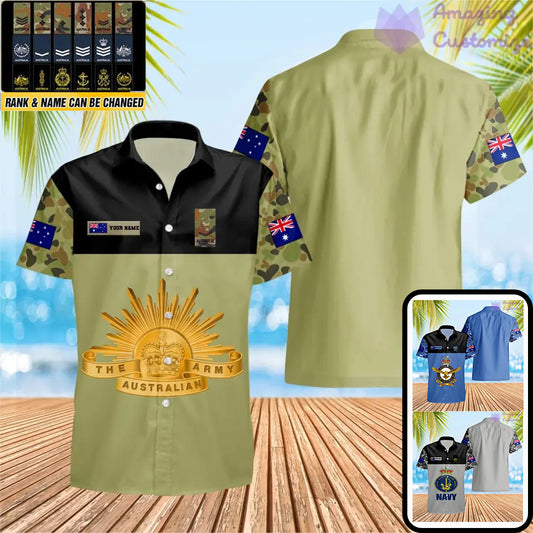 Personalisiertes australisches Soldaten-/Veteranen-Camouflage-Hawaii-Hemd mit Namen und Rang bedruckt -1812230001