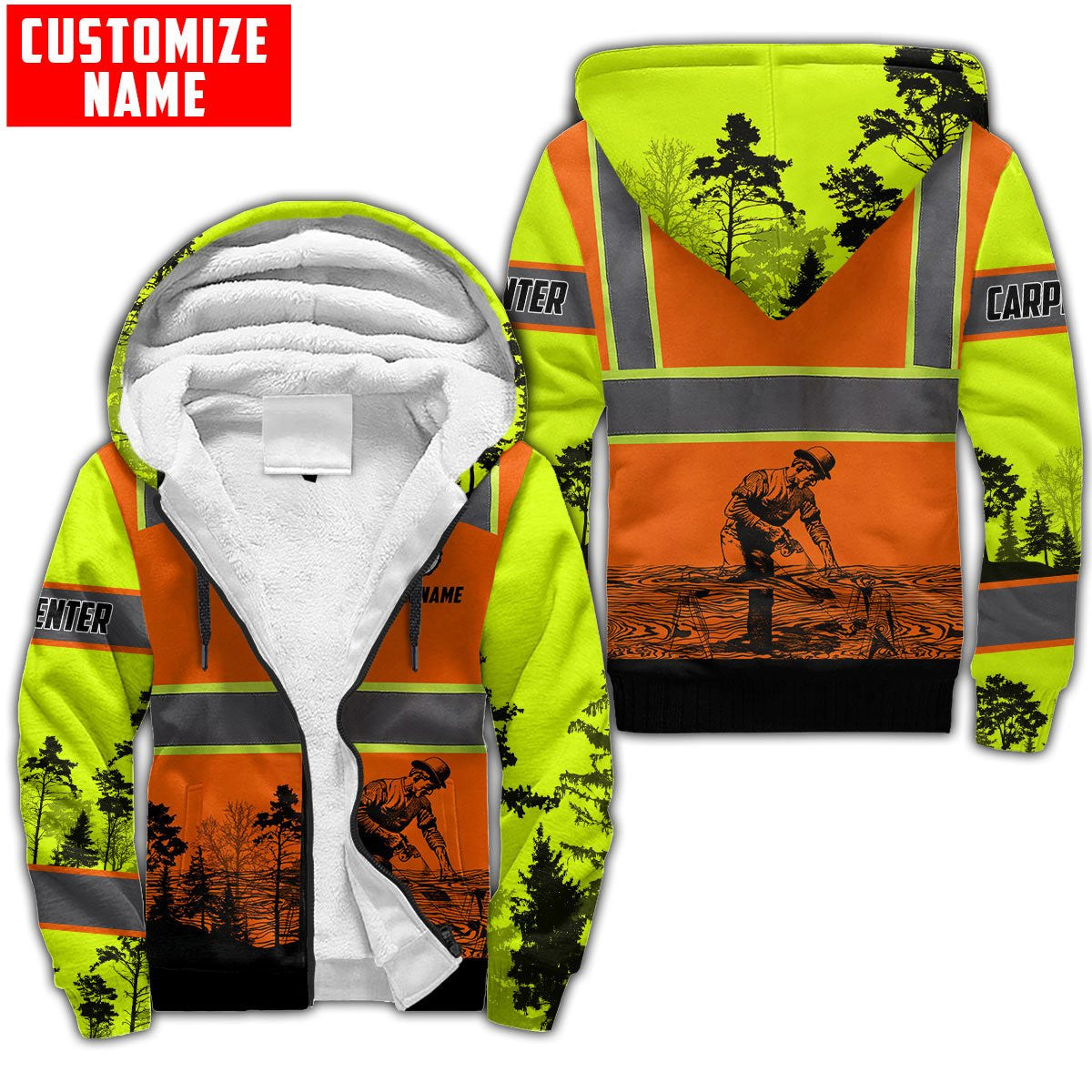 Personalized carpenter fleece zip hoodie featuring orange vest print and woodworking scene all-over print