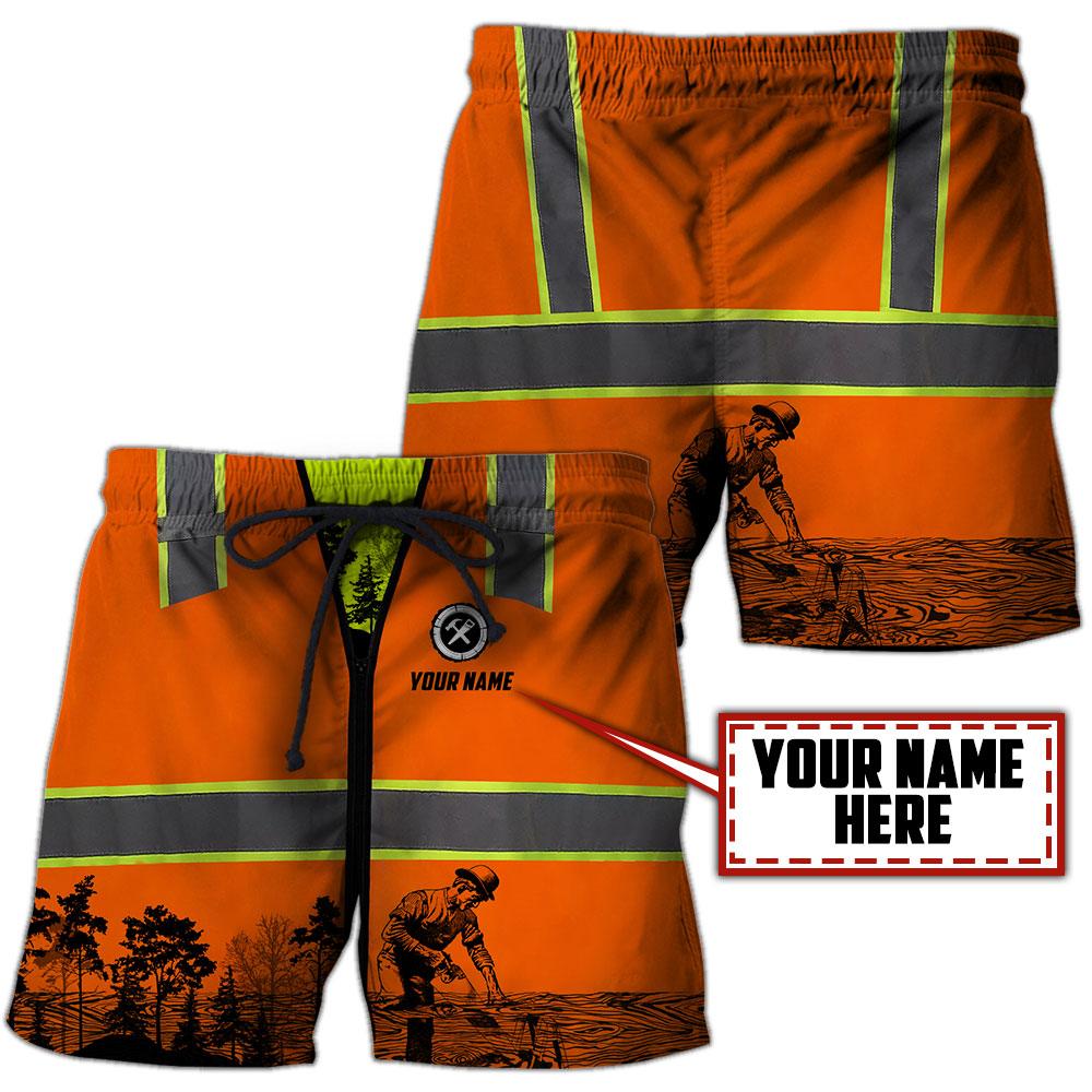 Personalized carpenter shorts featuring orange vest print and woodworking scene all-over print