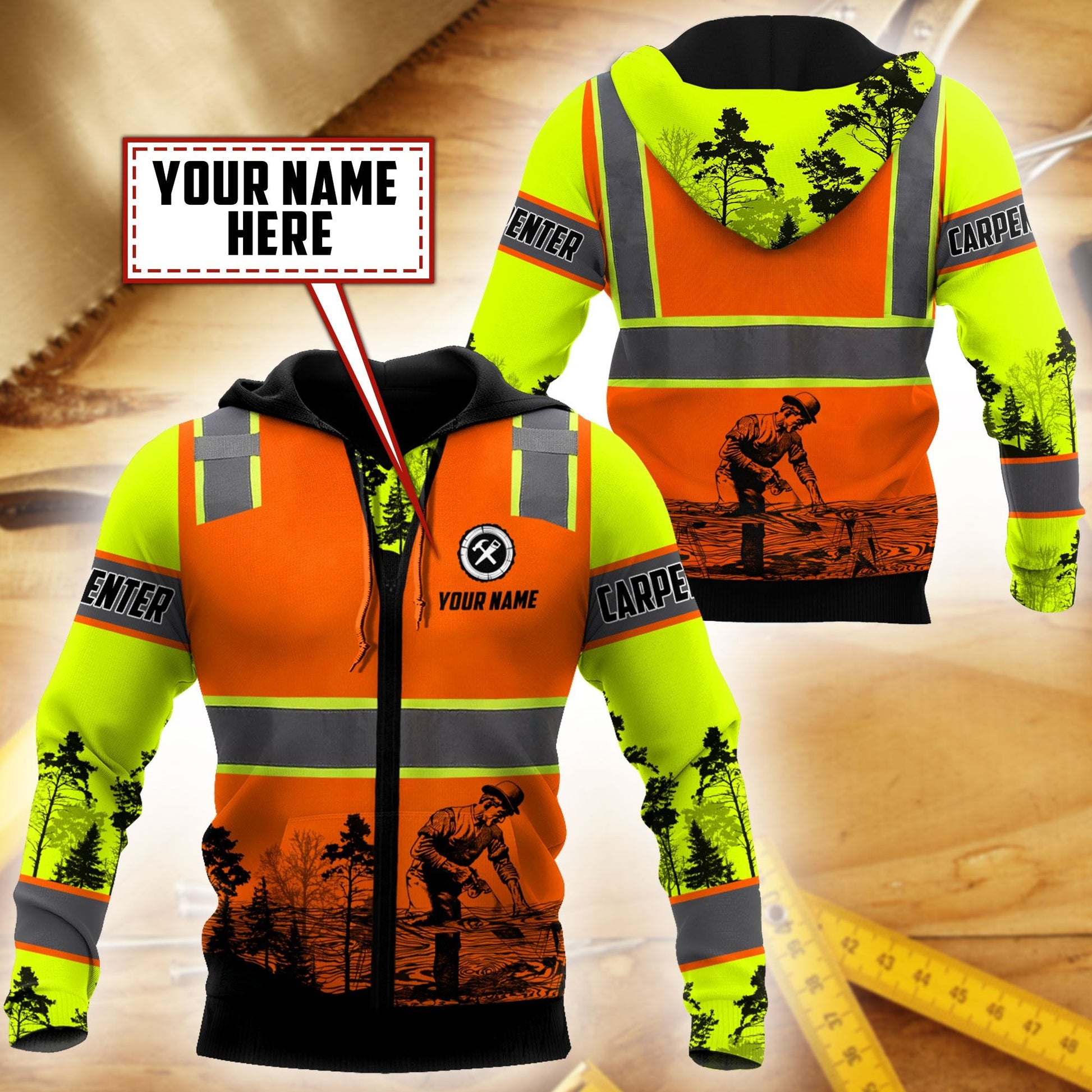 Personalized carpenter apparel featuring orange vest print and woodworking scene all-over print