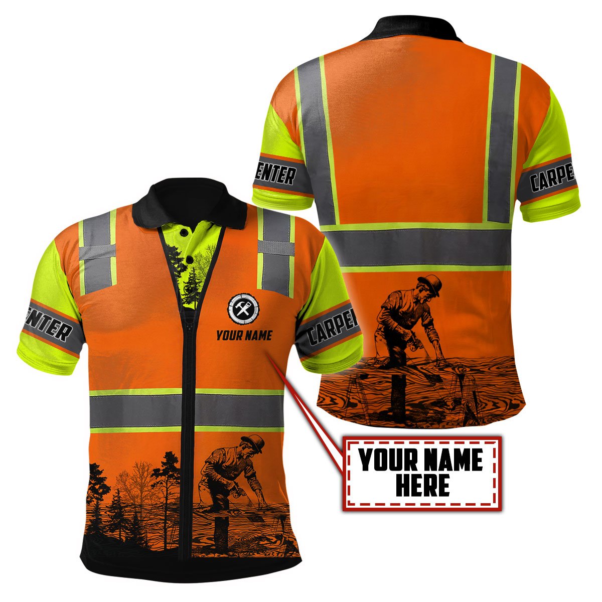 Personalized carpenter polo featuring orange vest print and woodworking scene all-over print