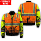Personalized carpenter bomber jacket featuring orange vest print and woodworking scene all-over print