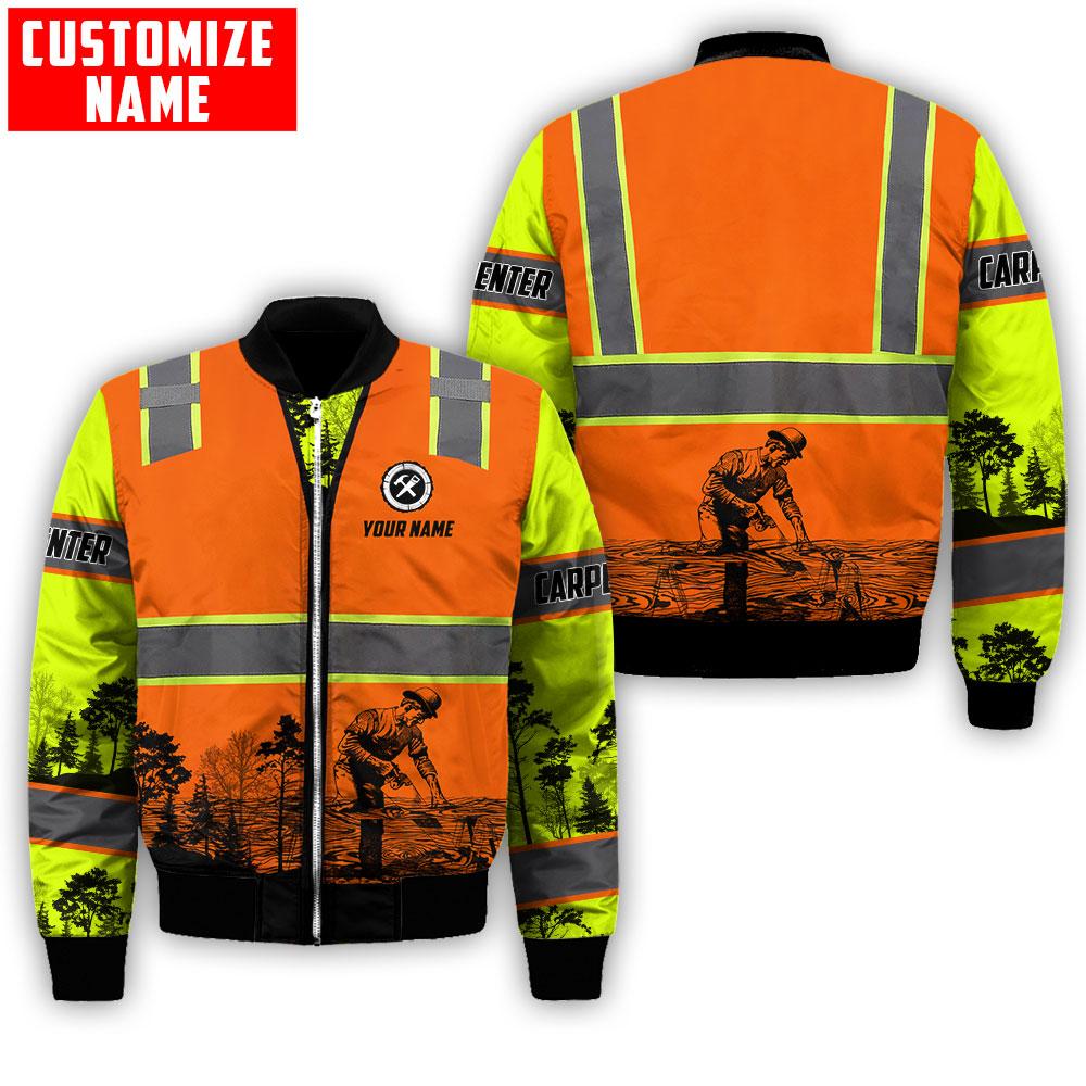 Personalized carpenter bomber jacket featuring orange vest print and woodworking scene all-over print