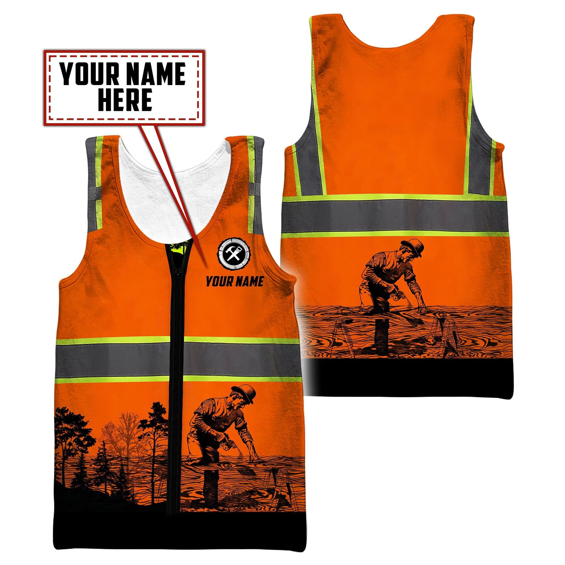 Personalized carpenter tank top featuring orange vest print and woodworking scene all-over print