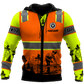 Personalized carpenter hoodie featuring orange vest print and woodworking scene all-over print
