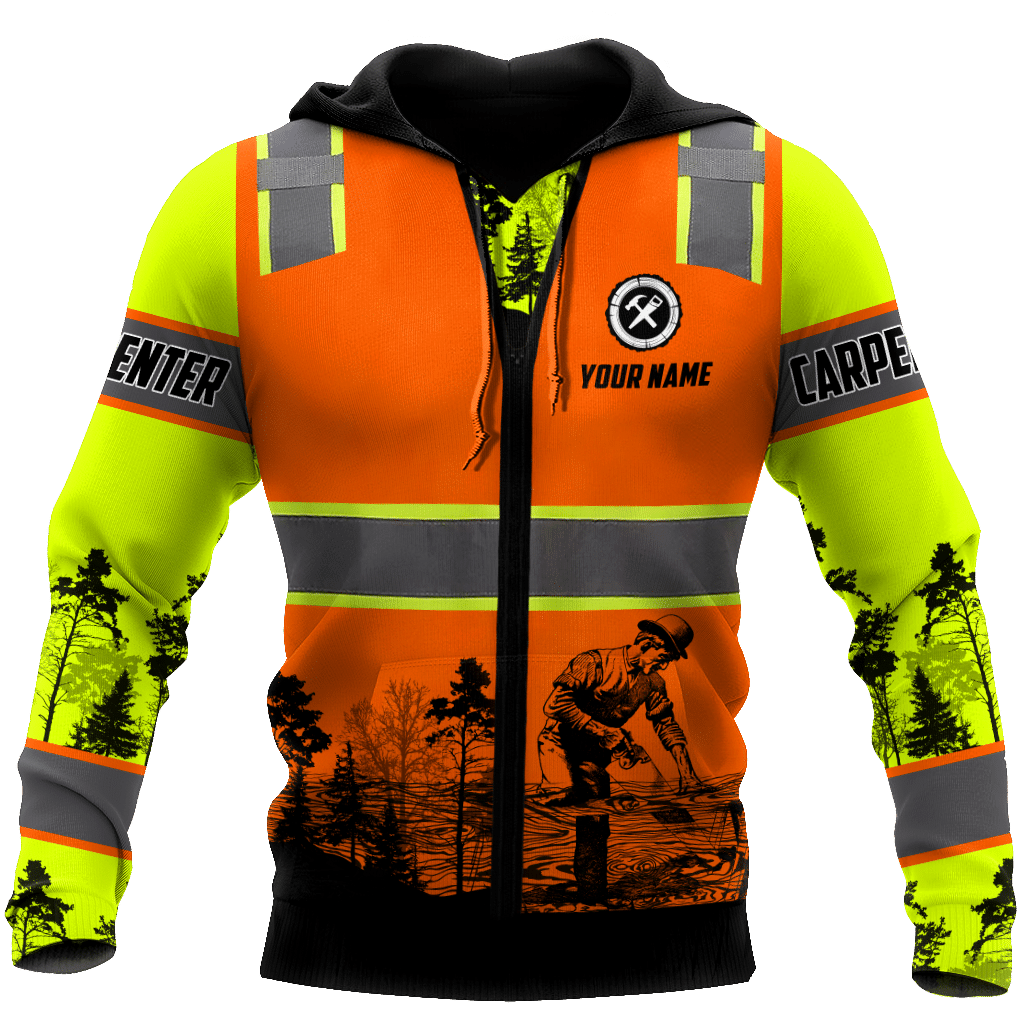 Personalized carpenter hoodie featuring orange vest print and woodworking scene all-over print