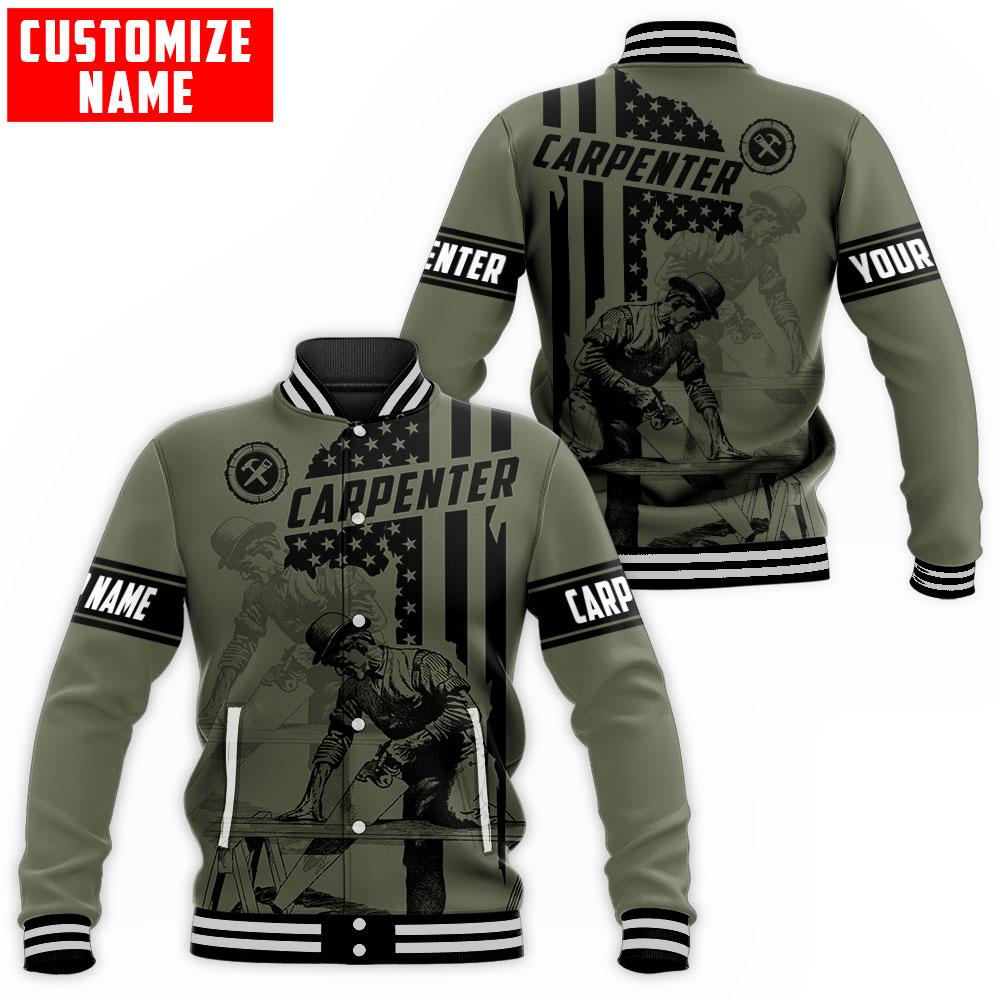Personalized carpenter baseball jacket featuring vintage trade all-over print